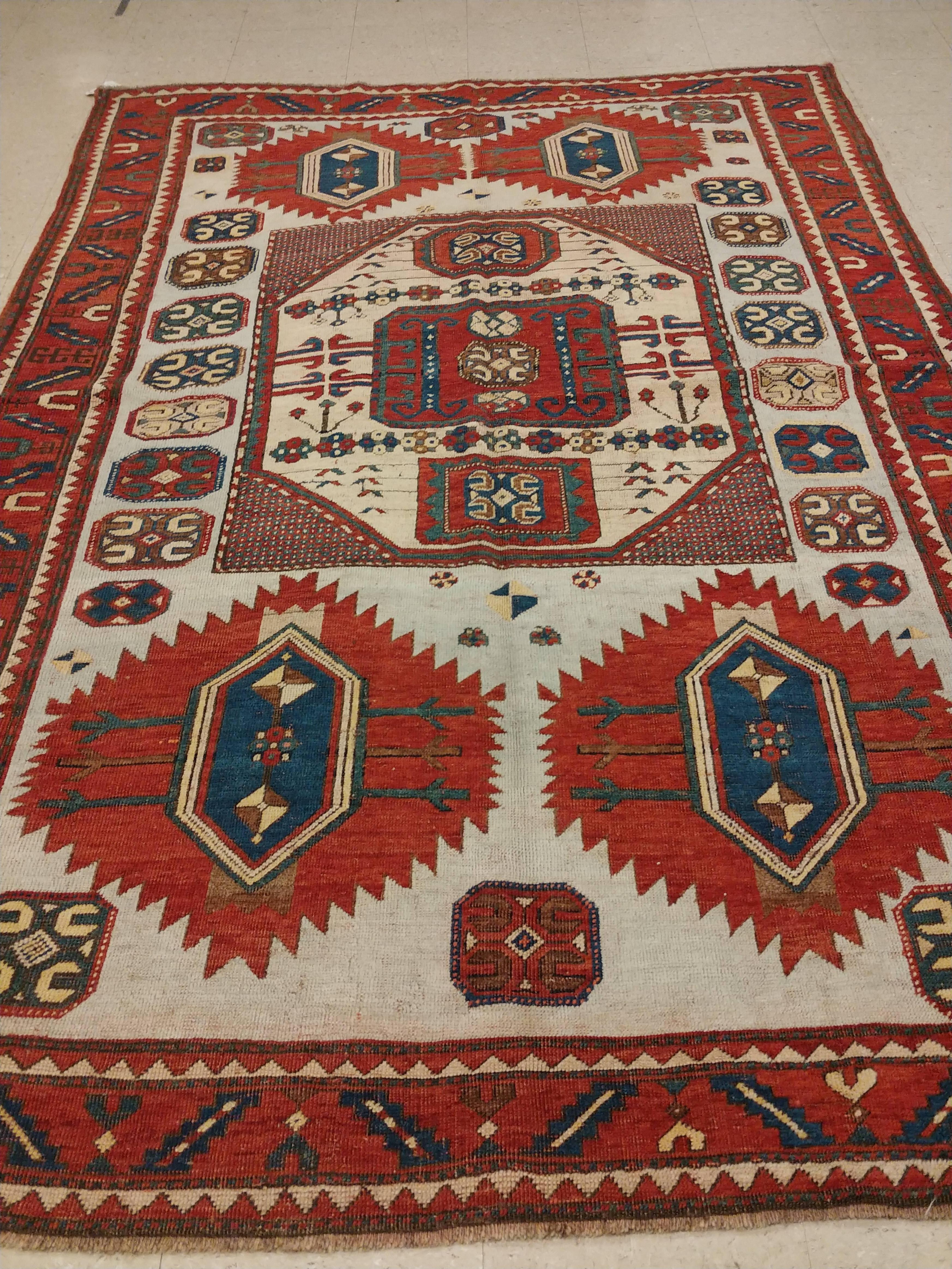 Antique Karachov Kazak Carpet, Handmade Wool, Pale Blue, Rust, Ivory, Geometric For Sale 1
