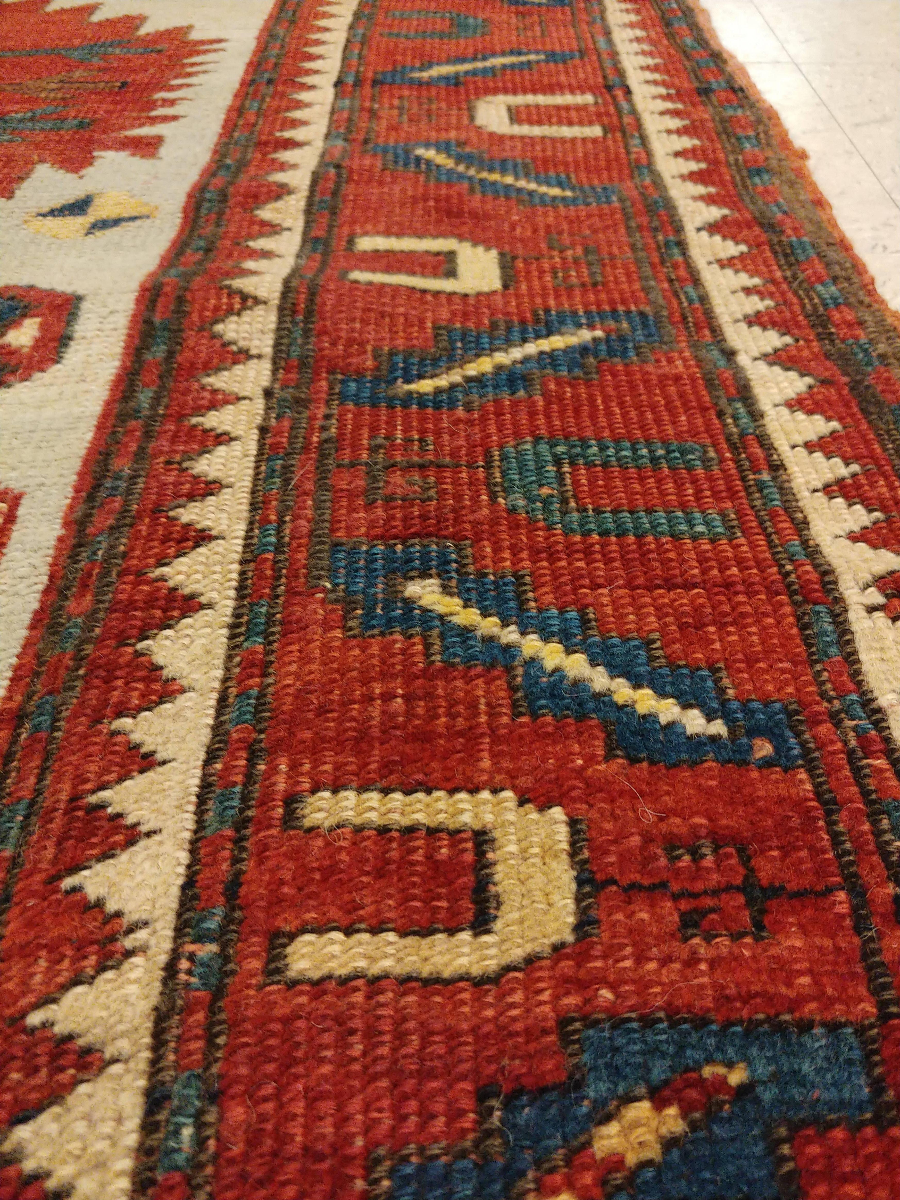 19th Century Antique Karachov Kazak Carpet, Handmade Wool, Pale Blue, Rust, Ivory, Geometric For Sale