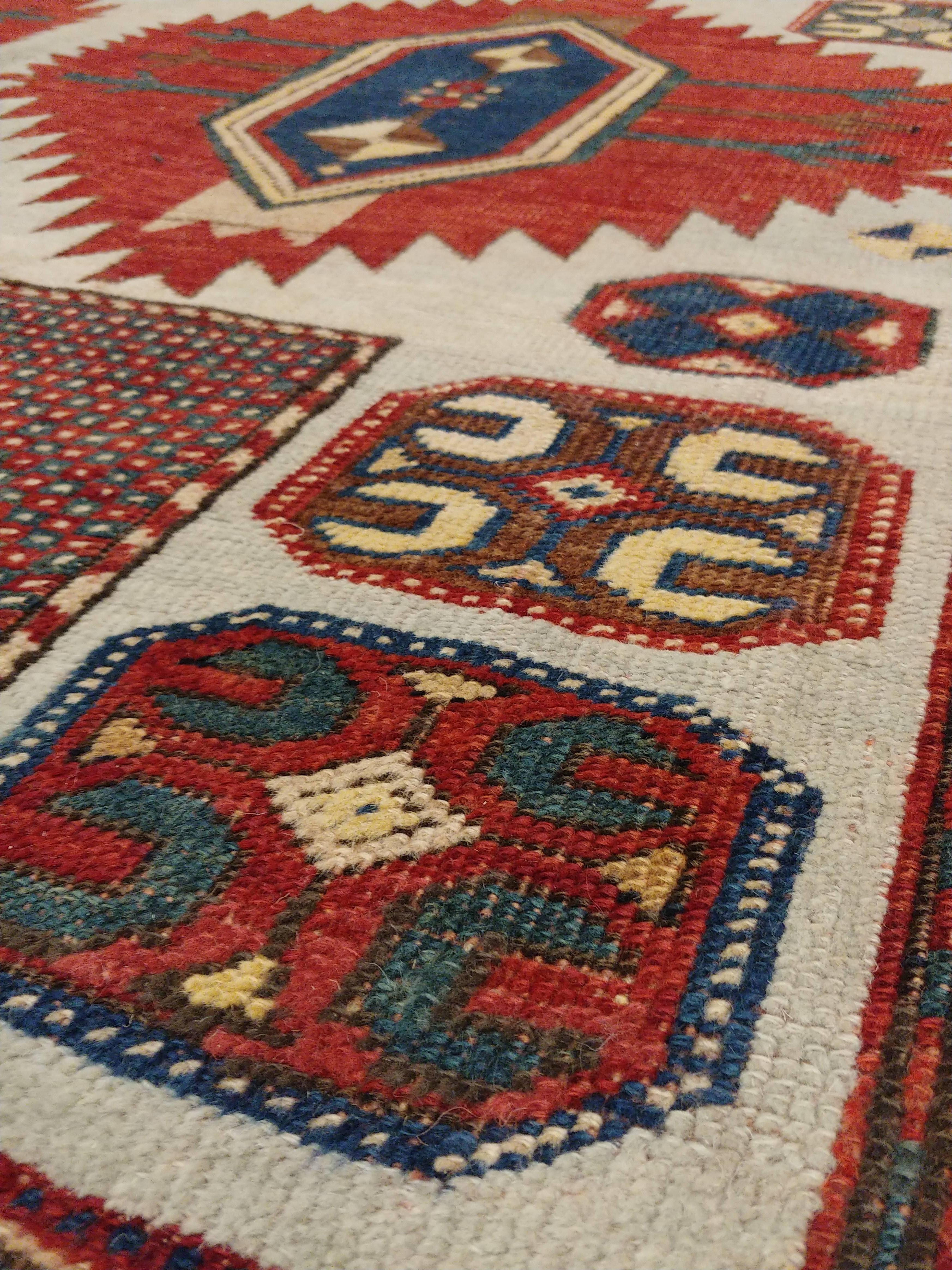 Antique Karachov Kazak Carpet, Handmade Wool, Pale Blue, Rust, Ivory, Geometric In Good Condition For Sale In Port Washington, NY