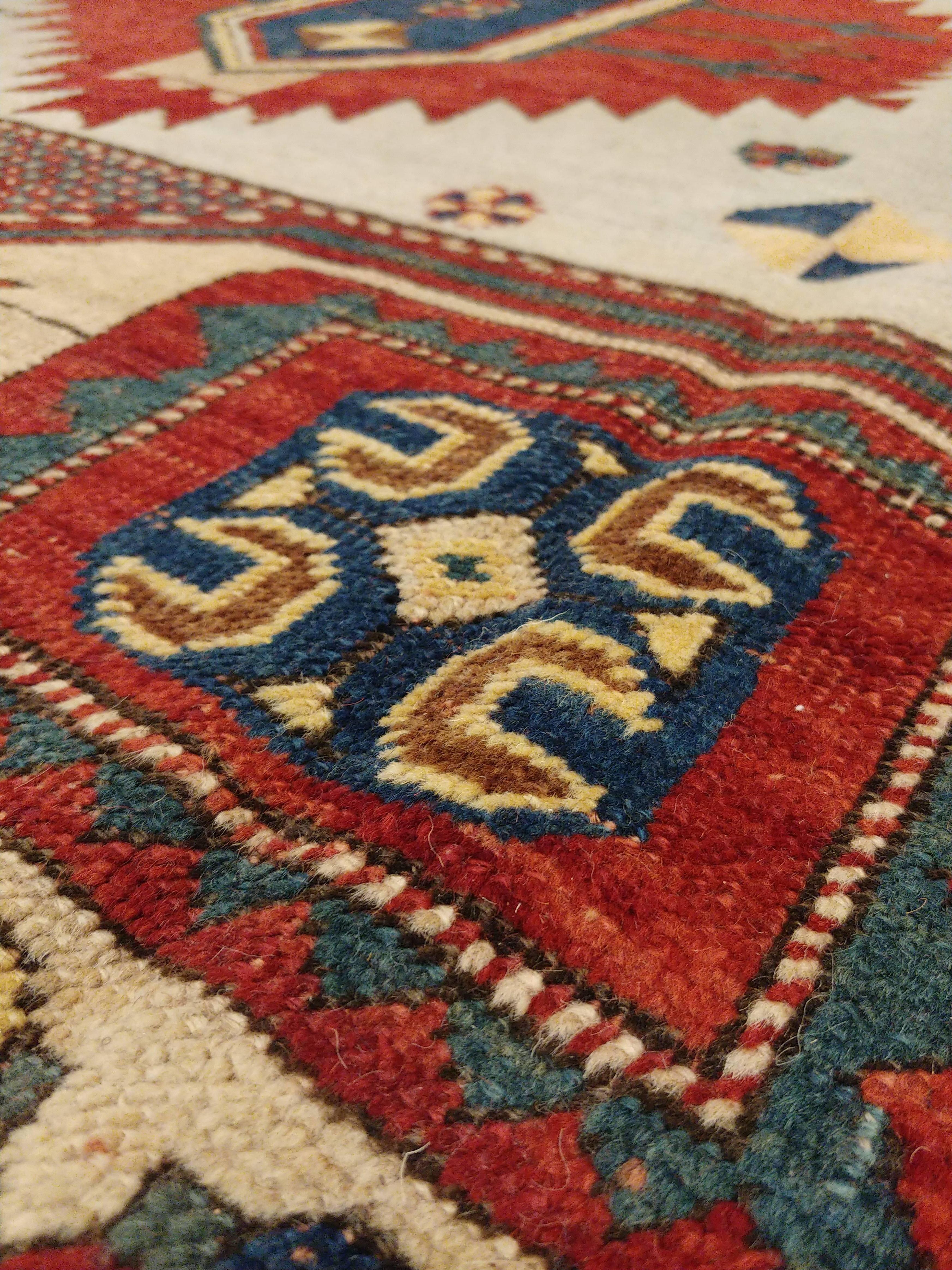 Hand-Knotted Antique Karachov Kazak Carpet, Handmade Wool, Pale Blue, Rust, Ivory, Geometric For Sale
