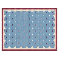 Tappeto a tessitura piatta in cotone fatto a mano, 8x10 Blu e Rosa Geometrico Indiano Dhurrie