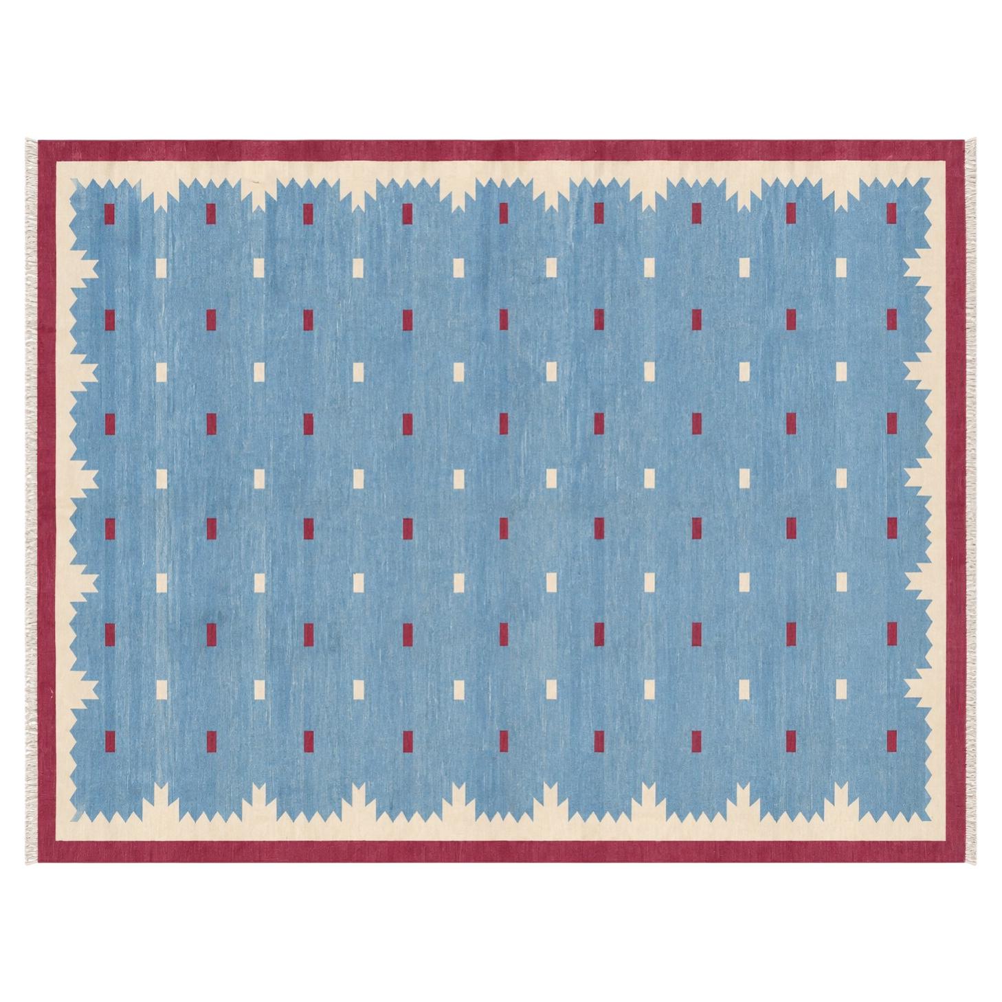 Handmade Cotton Area Flat Weave Rug, 8x10 Blue And Pink Geometric ...