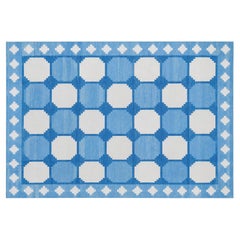 Handmade Cotton Area Flat Weave Rug, 4x6 Blue, White Tile Pattern Indian Dhurrie