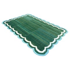 Handmade Cotton Area Flat Weave Rug, 6x9 Green And Blue Scalloped Indian Dhurrie