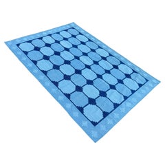 Handmade Woolen Area Flat Weave Rug, 8x10 Sky, Denim Blue Tile Swedish Dhurrie