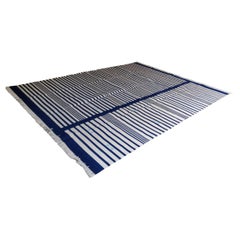 Handmade Cotton Area Flat Weave Rug, 8x10 Navy Blue, White Stripe Indian Dhurrie