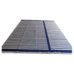 Handmade Cotton Area Flat Weave Rug, 8x10 Navy Blue, White Stripe Indian Dhurrie