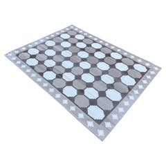 Handmade Cotton Flat Weave Rug, 8x10 Beige And Brown Swedish Tile Indian Dhurrie