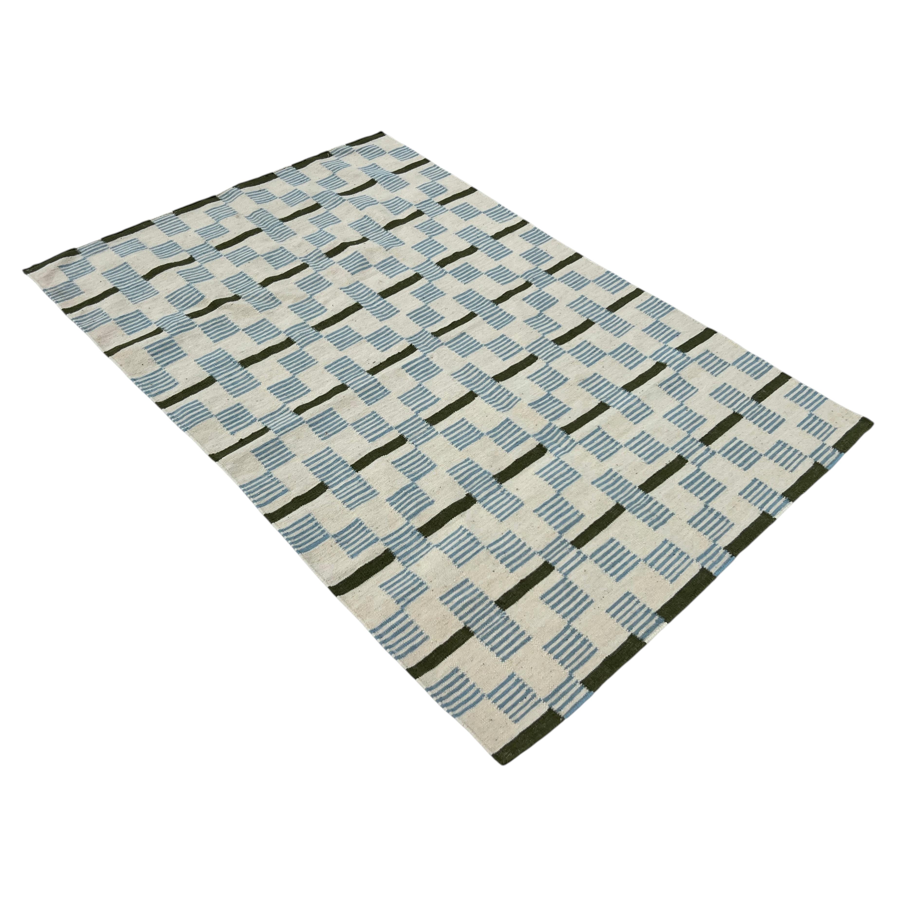 Handmade Woolen Flat Weave Area Rug, 4x6 Cream, Blue Star Dash Striped Wool Rug