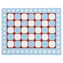 Handgefertigter Flachgewebe-Teppich aus Baumwolle, Blau & Rot Indischer Stern Geometrischer Dhurrie