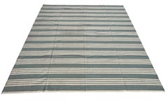 Handmade Woolen Flat Weave Area Rug, 8x10 Greyish Blue And Cream Striped Dhurrie