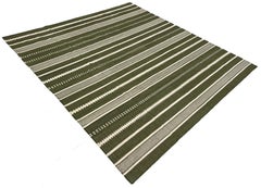 Handmade Woolen Flat Weave Area Rug, 8x10 Olive Green And Cream Striped Wool Rug