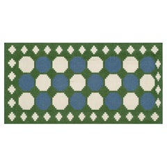 Handmade Woolen Flat Weave Runner, 3.5x10 Blue And Green Swedish Indian Dhurrie