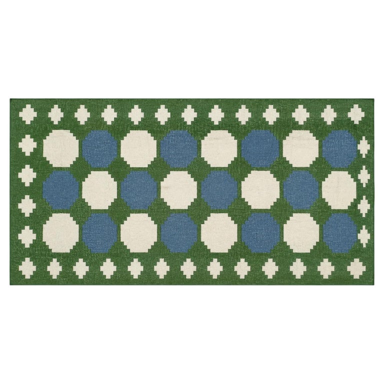 Handmade Woolen Flat Weave Runner, 3x10 Sky Blue, Green Swedish Indian Dhurrie