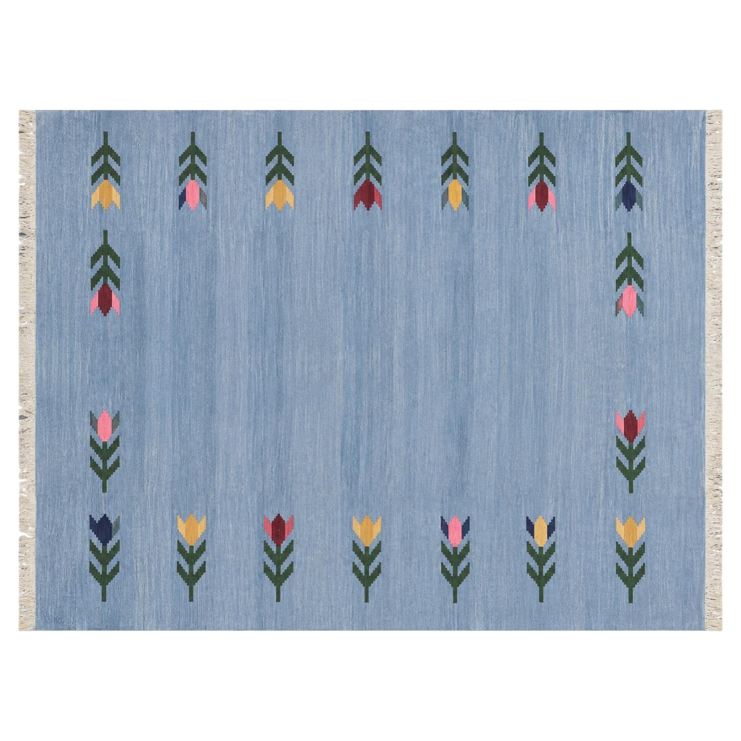 Handmade Cotton Area Flat Weave Rug, 8x10 Sky Blue Leaf Patterned Indian Dhurrie For Sale