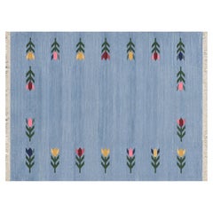 Handmade Cotton Area Flat Weave Rug, 8x10 Sky Blue Leaf Patterned Indian Dhurrie