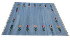 Handmade Cotton Area Flat Weave Rug, 8x10 Sky Blue Leaf Patterned Indian Dhurrie