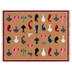 Handmade Cotton Area Flat Weave Rug, 9x12 Tan Fish Patterned Indian Dhurrie Rug