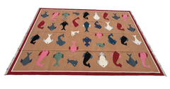 Handmade Cotton Area Flat Weave Rug, 9x12 Tan Fish Patterned Indian Dhurrie Rug
