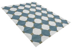 Handmade Cotton Area Flat Weave Rug, Blue & Cream Indian Geometric Tile Dhurrie