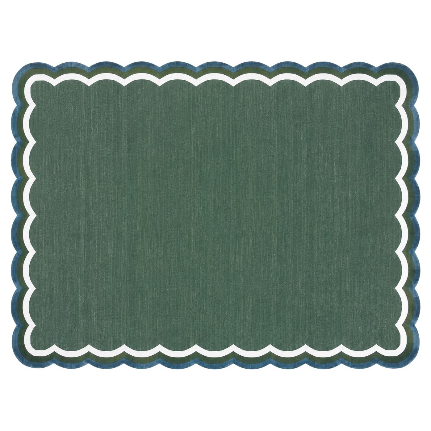 Handmade Cotton Area Flat Weave Rug, 8x10 Green, Blue Indian Scalloped Dhurrie