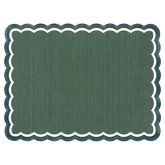 Tapis en coton tissé à la main, à armure plate, tapis « dhurrie » indien festonné vert et bleu