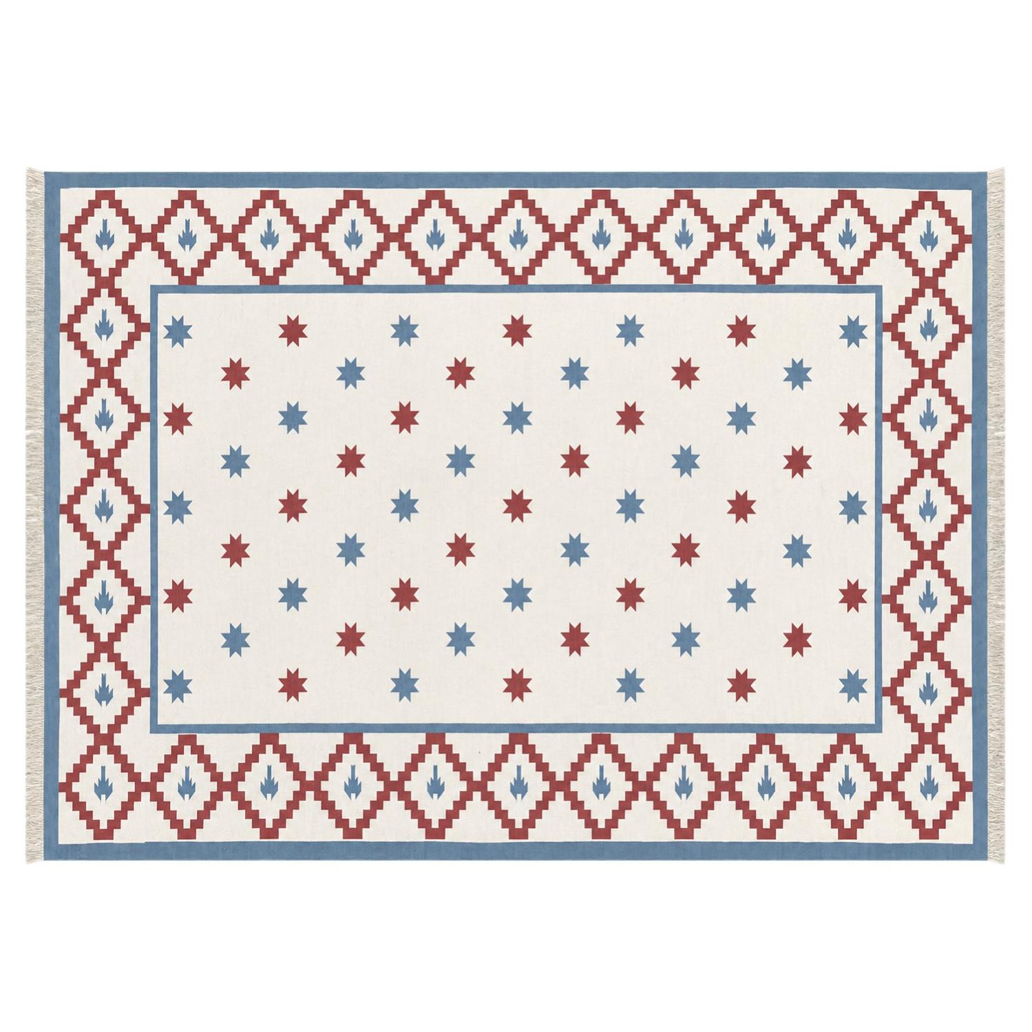 Handmade Cotton Area Flat Weave Rug, Blue & Red Indian Star Geometric Dhurrie