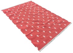Handmade Cotton Area Flat Weave Rug, Terracotta And White Tree Patterned Dhurrie