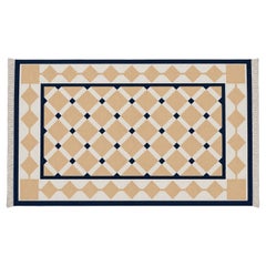 Handgefertigter, flachgewebter Baumwollteppich, Dhurrie mit geometrischem Muster in Gelb und Blau