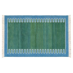 Alfombra de algodón tejida a mano con tejido plano, 3x5, con rayas en zigzag verdes y azules, tipo dhurrie