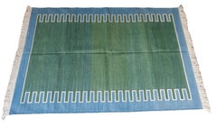 Alfombra de algodón tejida a mano con tejido plano, 3x5, con rayas en zigzag verdes y azules, tipo dhurrie