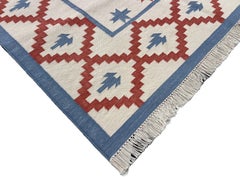 Handmade Cotton Area Flat Weave Rug, 4x6 White, Blue And Red Star Indian Dhurrie