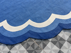 Handmade Cotton Area Flat Weave Rug, 12 Día Blue, White Indian Scalloped Dhurrie