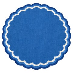 Handmade Cotton Area Flat Weave Rug, 12 Día Blue, White Indian Scalloped Dhurrie
