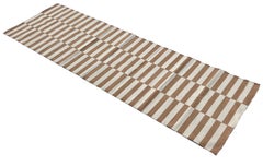Handmade Cotton Area Flat Weave Runner, 3x10 Tan And Cream Striped Indian Rug