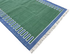 Tappeto a trama piatta in cotone fatto a mano, 4x6 Greene & Greene a strisce blu, indiano Dhurrie
