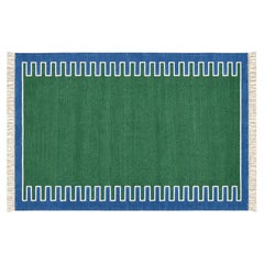Tappeto a trama piatta in cotone fatto a mano, 4x6 Greene & Greene a strisce blu, indiano Dhurrie