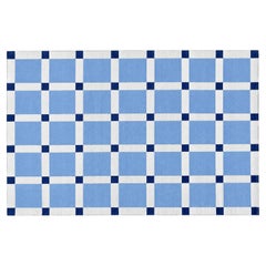 Tappeto in cotone fatto a mano con trama piatta, 6x9, modello Dhurrie a blocchi blu e bianchi