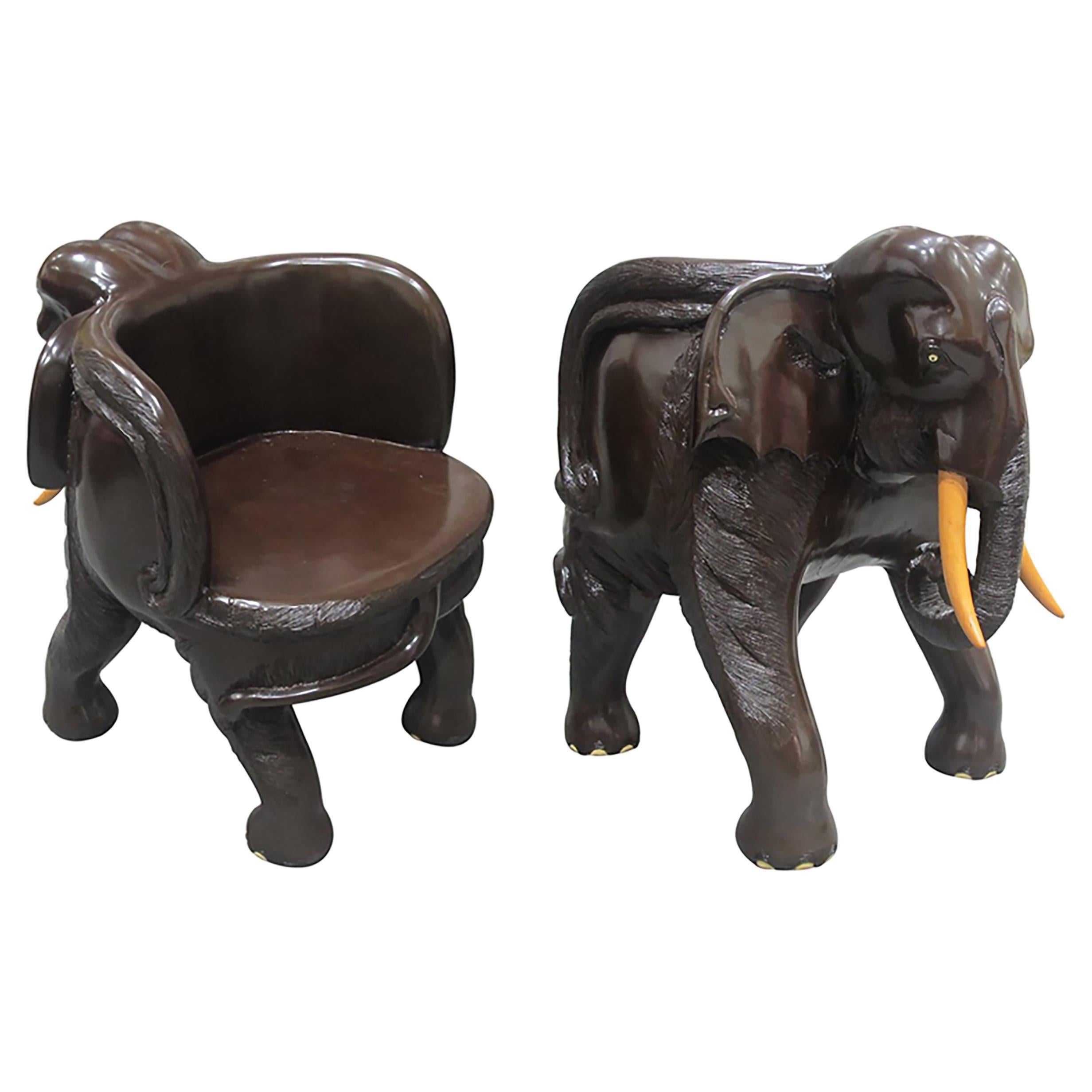 Mid-Century Pair of Balinese Hand-Carved Hardwood Elephant Chairs