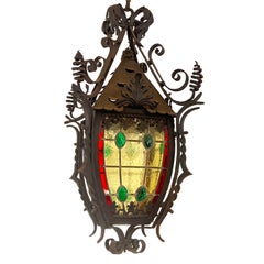 Late 19th-Century French Napoleon III Wrought-Iron Lantern with Stained Glass