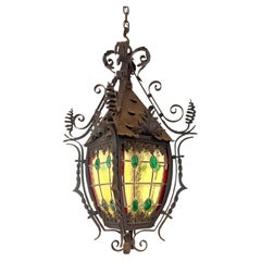 Late 19th-Century French Napoleon III Wrought-Iron Lantern with Stained Glass
