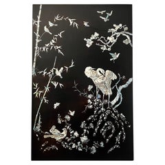 Early 20th Century Asian Black Lacquer Panel with Mother-of-Pearl Inlay