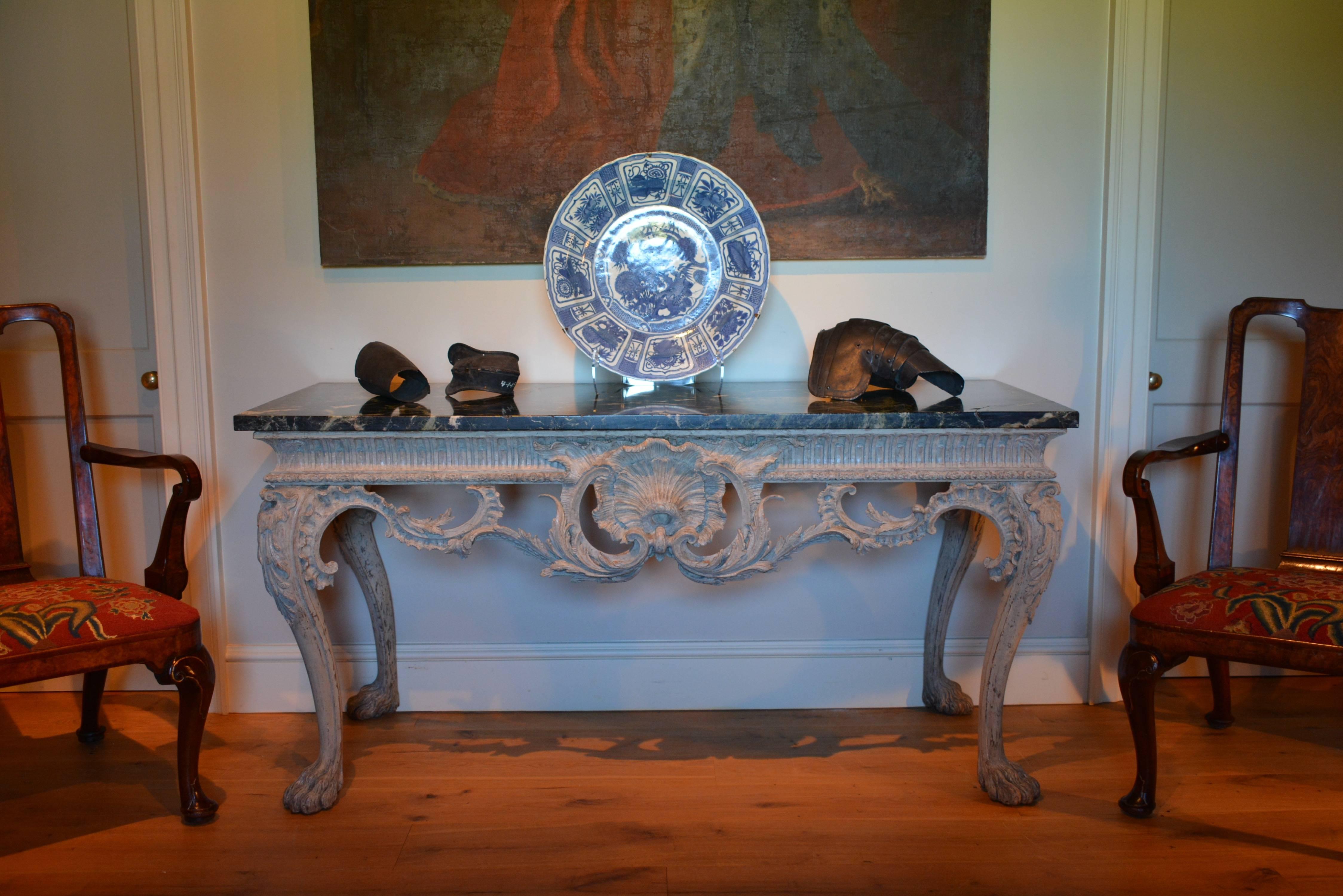 18th Century and Earlier 18th Century Finely Carved Painted Pine Marble Top Side Table For Sale