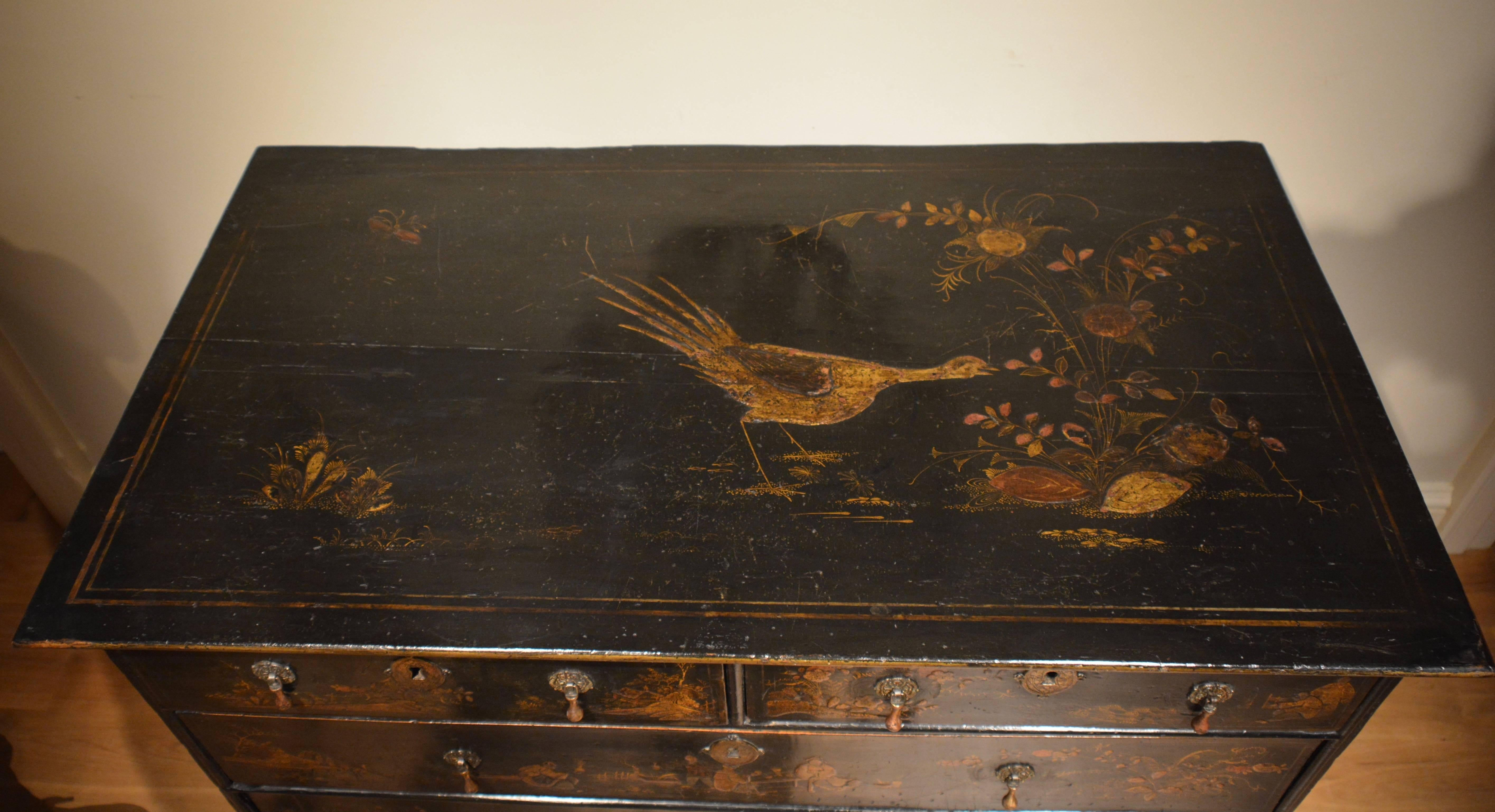 English Early 18th Century Queen Anne Japanned Chest of Drawers For Sale