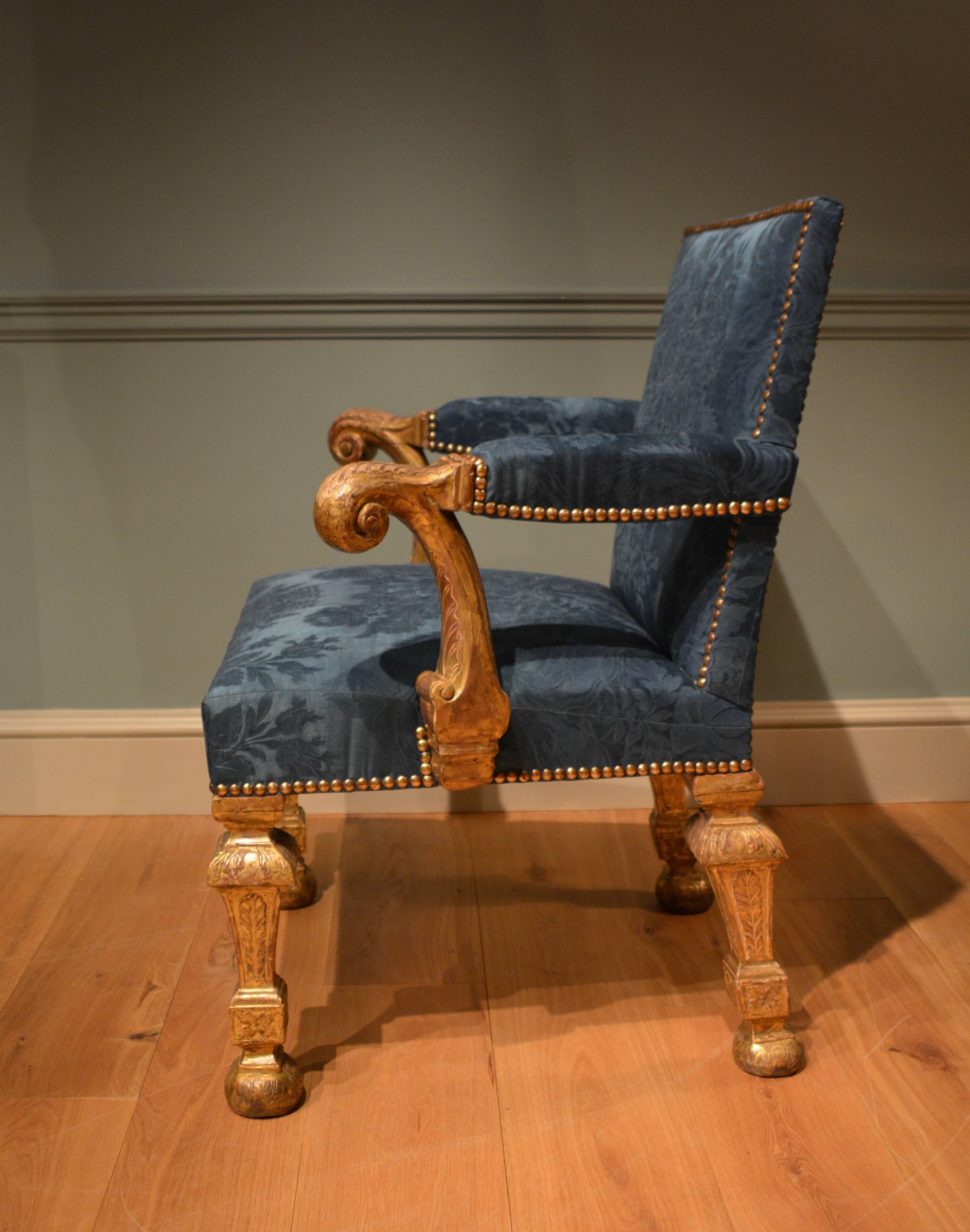 Georgian 18th Century Gilt Armchair upholstered in blue silk damask For Sale