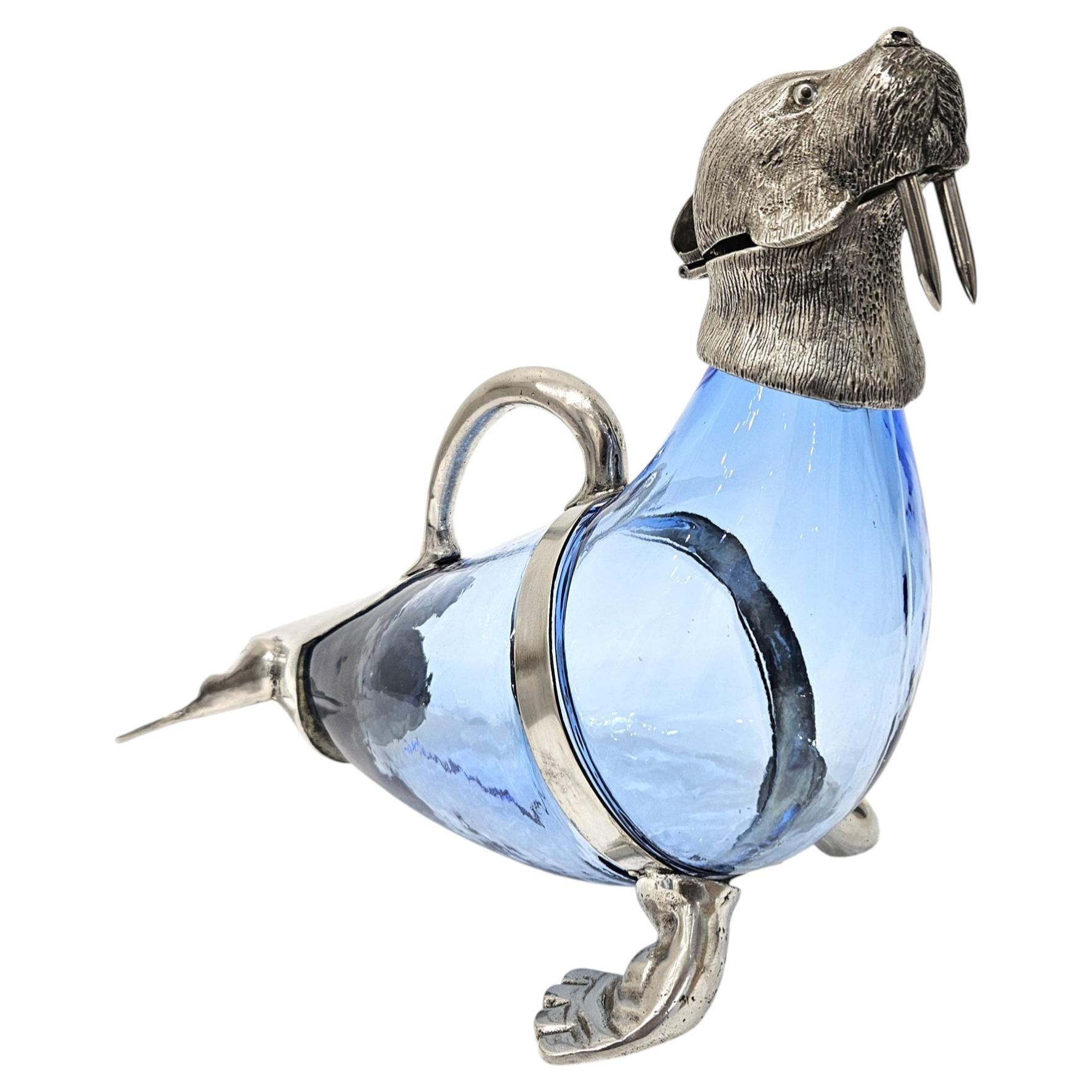 Novelty 20th Century Silver Plate Blue Glass Walrus Claret Jug Decant Carafe en vente