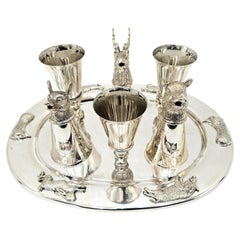 Game-Hunting Gucci Att. Silver Plate Stirrup Cups with Tray Drinks Set c. 1970