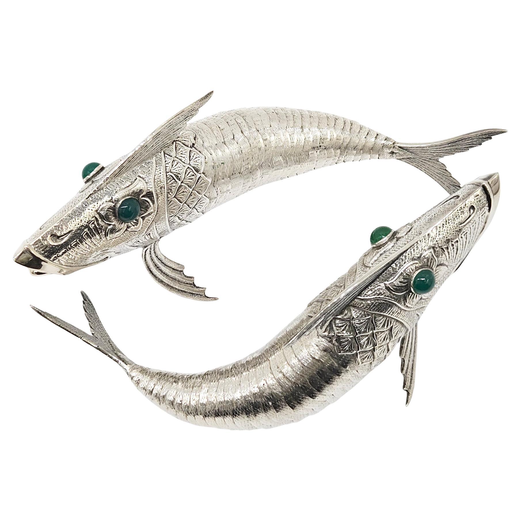 Pair of Silver Plate Articulated Fish with Green Glass Eyes, Spain c. 1930 For Sale