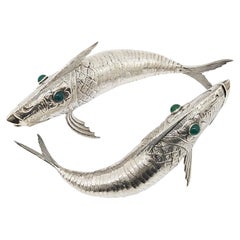 Pair of Silver Plate Articulated Fish with Green Glass Eyes, Spain c. 1930