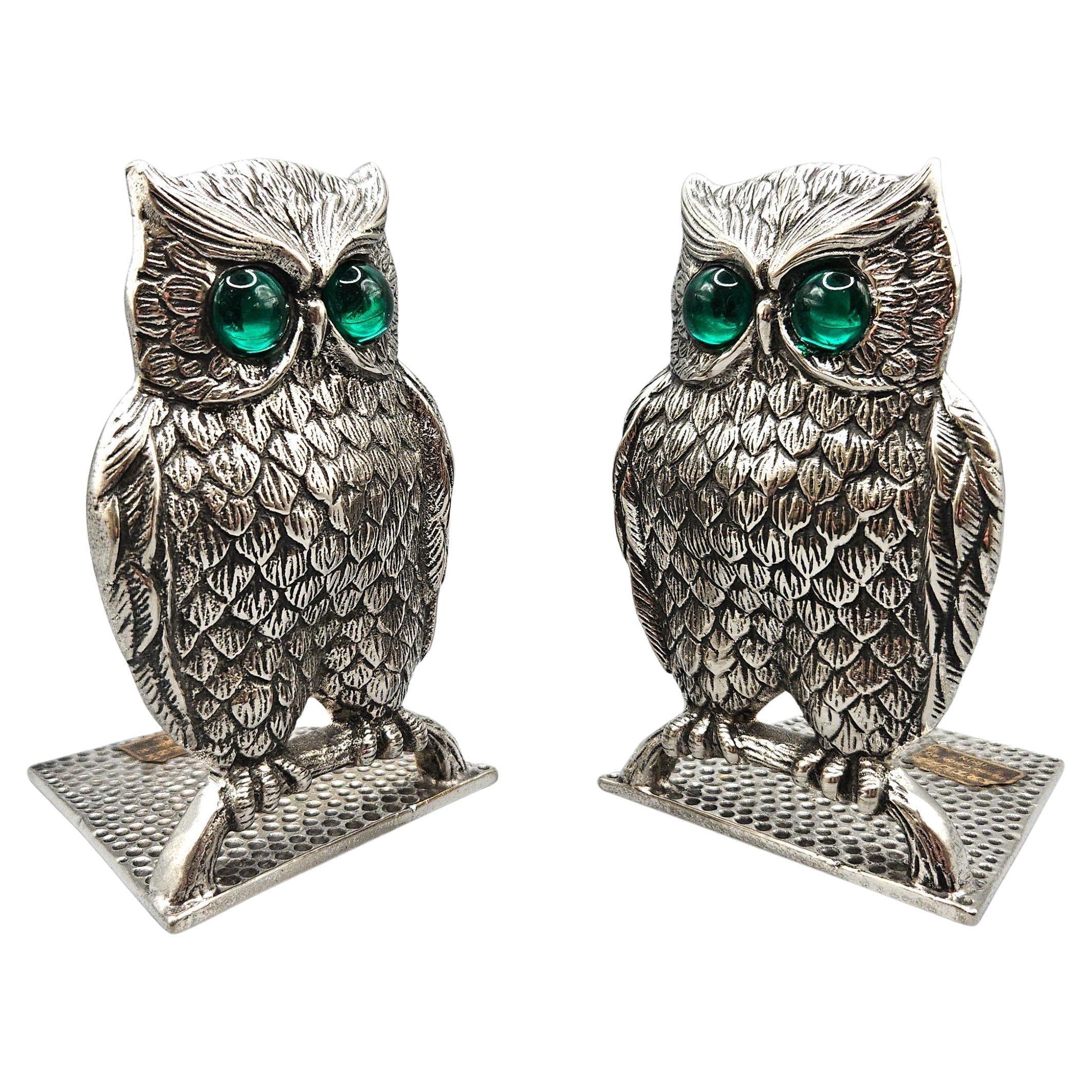 Pair of Art Deco Silver Plate Owl Bookends with Emerald Green Glass Eyes, France